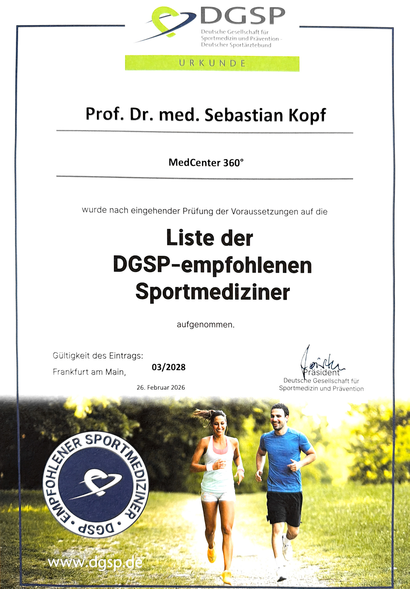Zertifikat DSGP-empfohlener Sportmediziner